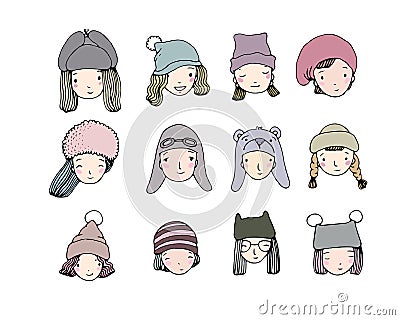 Different faces. People in winter hats. Hand drawing objects on white background. Vector Illustration