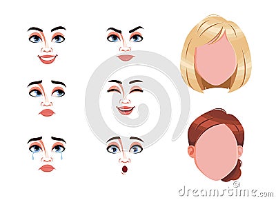 Different female emotions set. Blank faces and expressions of woman Vector Illustration