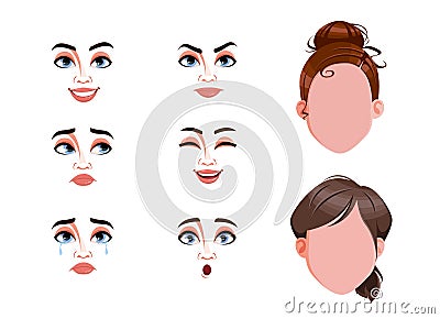 Different female emotions set. Blank faces and expressions of woman Vector Illustration