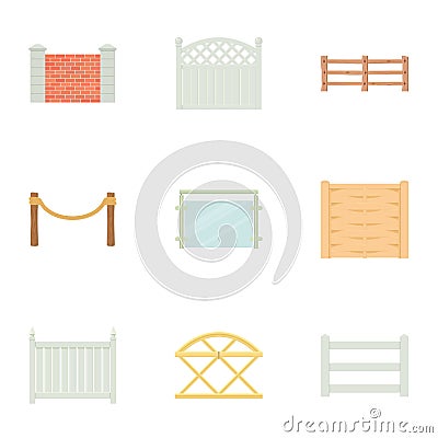 Different fence icons set, cartoon style Vector Illustration