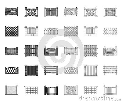 Different fence mono,outline icons in set collection for design.Decorative fencing vector symbol stock web illustration. Vector Illustration