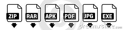 Different file formats icon set. Image with file formats collection. Document icon vector. Pdf jpg zip txt format file vector icon Vector Illustration