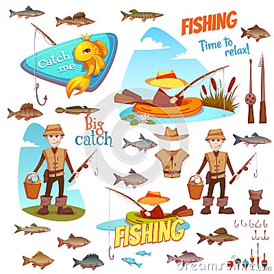 Different fish and fisherman Vector Illustration