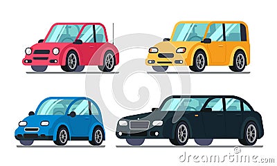 Different flat cars. Cheap motor car on wheels, family hybrid sedan passenger suv luxury premium vehicle vector Vector Illustration