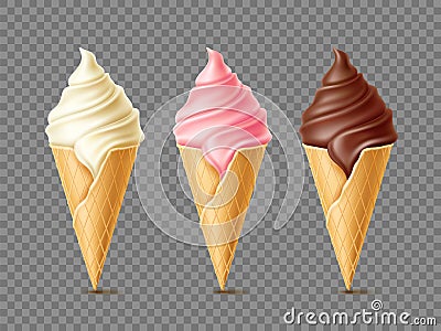 Different flavours ice cream. Waffle cones with frozen dessert, vanilla, chocolate and pink berry, soft milk creamy Vector Illustration