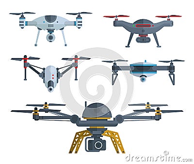 Different flying drones isolated on white. Vector Illustration