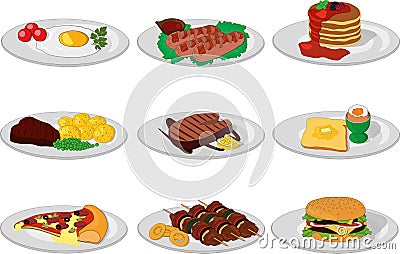 Different food dishes vector illustration set Cartoon Illustration