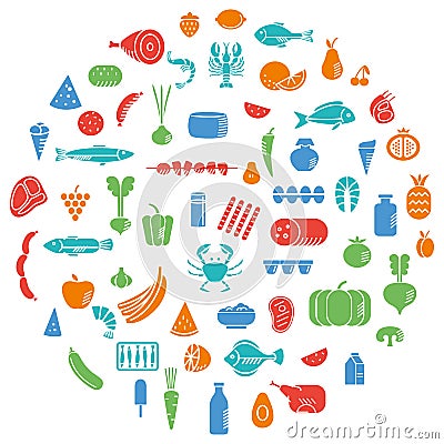 Different food groups. Color differentiation. Vegetables, fruits, meat, seafood and dairy stylish badges Vector Illustration