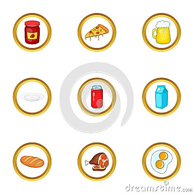 Different food icons set, cartoon style Vector Illustration