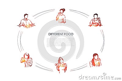 Different food - people eating various dishes and food from hands and plates vector concept set Vector Illustration