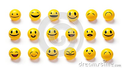 Different friendly yellow smileys isolated on white created with Generative AI Stock Photo