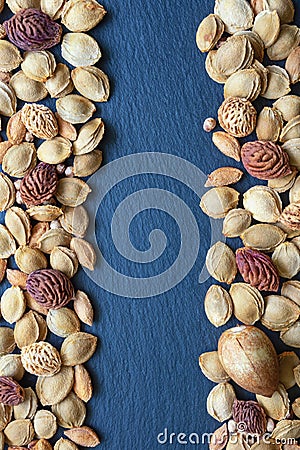 Fruit stones on dark background. Copy space Stock Photo