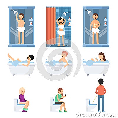 Different funny people take a shower in bathroom. Vector pictures in flat style Vector Illustration