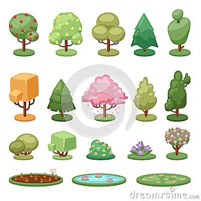 Different game green tree bush and ground isolated nature environment Vector Illustration