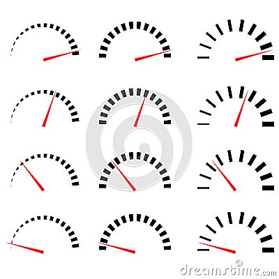 Different Gauge, Meters template. Needle set from low minimum to high maximum. Calibration, calibrate, benchmark and level Vector Illustration