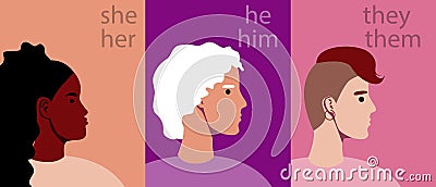 Different gender, non-binary people, Flat stock illustration with text gender pronouns like Non-binary person, gender fluid Cartoon Illustration