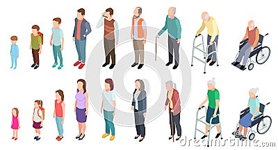 Different generations. Isometric people adult female male characters kids girl boy old man woman human age evolution Vector Illustration