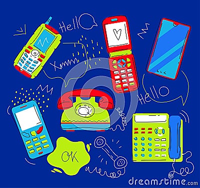 Different generations of phones - set of flat design style illustration Cartoon Illustration