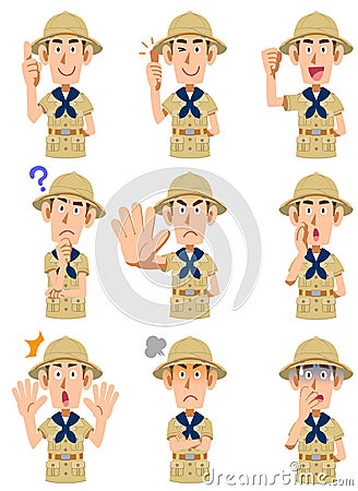 9 different gestures and facial expressions of a man dressed as an explorer upper body Vector Illustration