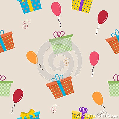 Different gift boxes seamless pattern. Gift boxes with baloons Vector Illustration