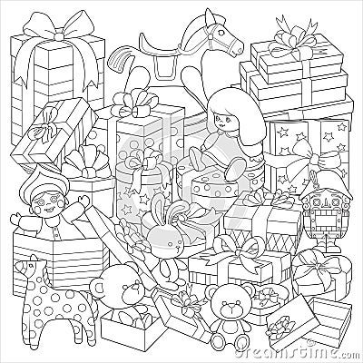 Different gifts, beautiful boxes and toys. Vector Illustration