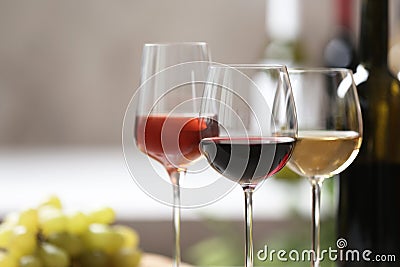 Different glasses with wine served Stock Photo