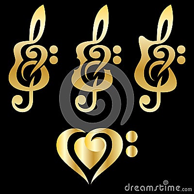 Different golden guitars, violin, treble clef. Vektor set of patterns for logo design Vector Illustration