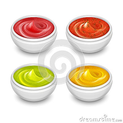 Different gourmet sauces, mustard, ketchup, soy, marinade in white small dishes vector set Vector Illustration