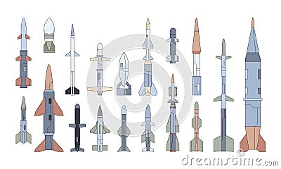 Different guided flying weapon flat illustrations set Vector Illustration