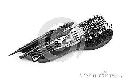Different hairbrushes isolated on a white background Stock Photo