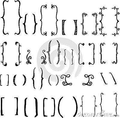 24 different hand drawn brackets. Bracket icons set Vector Illustration