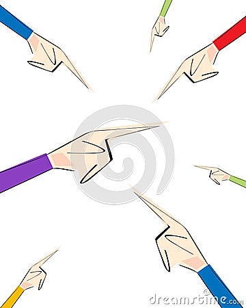 Different hands pointing fingers at different directions. Concept of different opinion or irresponsibility. Vector Illustration