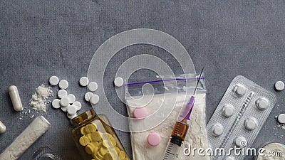 Different hard drugs on light grey table, flat lay. Space for text Stock Photo