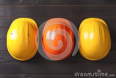 Different hard hats on wooden background, flat lay Stock Photo
