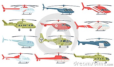 Different helicopter cartoon military, emergency, rescue, passenger aviation transport set Vector Illustration