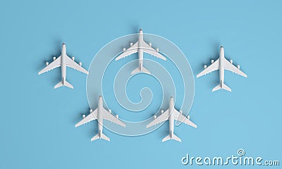 Different holiday or business trip destinations, airplanes on a blue background Stock Photo