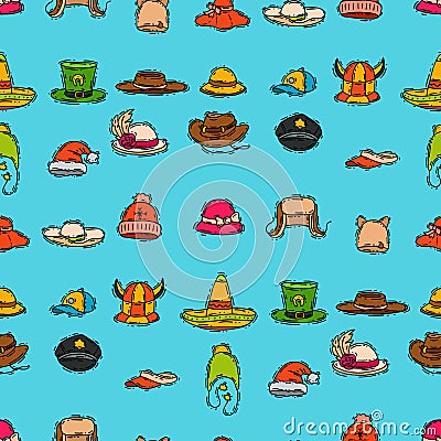 Different holiday carnaval hat fashion accessory party celebration for masquerad clothing seamless pattern background Vector Illustration