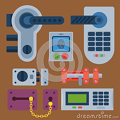 Different house door lock icons set vector safety password privacy element with key and padlock, protection security Vector Illustration