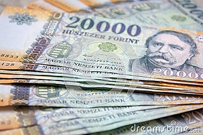 Different Hungarian banknotes, 20 thousand HUF. Stack of 20000 forints. Stock Photo