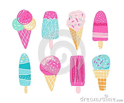 Different ice creams illustration in hand drawn style. Icecream with topping in waffle cone and on the stick. Vector art Vector Illustration