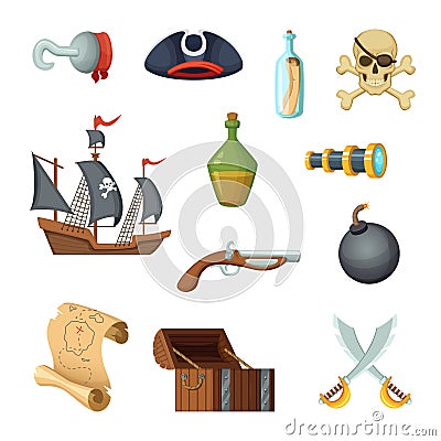 Different icon set of pirate theme. Skull, treasure map, battle ship of corsair and other objects in vector style Vector Illustration