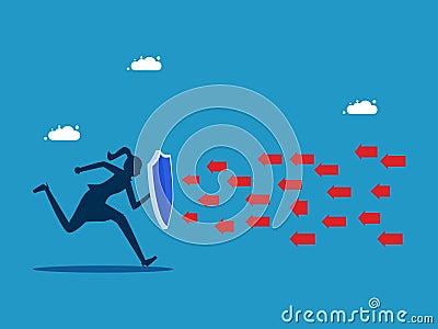 Different ideas or opposite trends. Running woman holding a protective shield and resisting the red arrow Vector Illustration