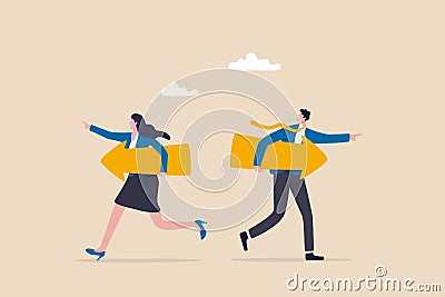 Different individual way, different business direction or team conflict, opposite decision, contrast or disagreement concept, Vector Illustration