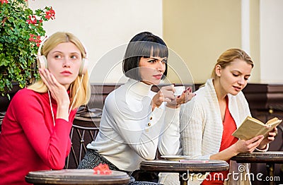 Different interests. Weekend relax and leisure. Coffee cafe. Way to relax and recharge. Female leisure. Group pretty Stock Photo