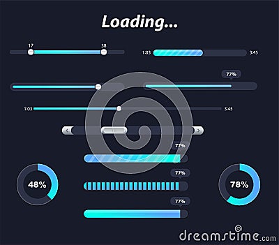 Different interface loaders in dark colors. Vector elements and pictograms collection. Transparent Preloaders. Motion Vector Illustration