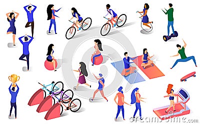 Different Isometric People Active Lifestyle Set Vector Illustration