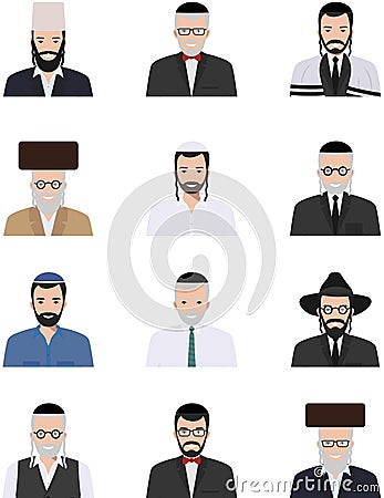 Different jewish old and young men characters avatars icons set in flat style on white background. Differences Vector Illustration