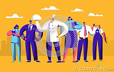 Different Job Worker Set for Labor Day Holiday Banner. People Group Work in Uniform. Chef, Pilot and Doctor Employment Vector Illustration