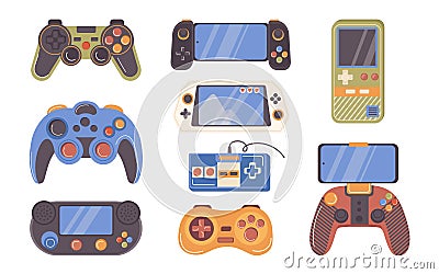 Different joystick, gamepad and control console for computer or mobile phone video game isolated set Vector Illustration