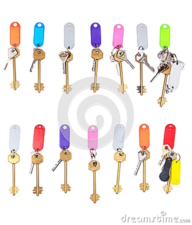 Different keys with tags laid out in a row Stock Photo